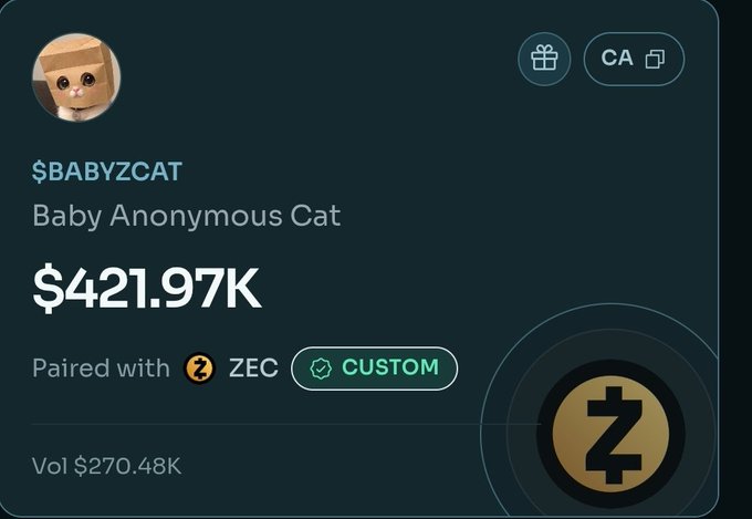 A cryptocurrency token page showing $BABYZCAT (Baby Anonymous Cat) with a value of $421.97K, paired with ZEC, and a trading volume of $270.48K.