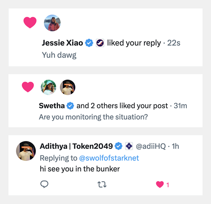 A screenshot of social media notifications shows 'Jessie Xiao' liking a reply saying 'Yuh dawg', 'Swetha and 2 others' liking a post asking 'Are you monitoring the situation?', and 'Adithya | Token2049 @adiiHQ' replying 'hi see you in the bunker'.