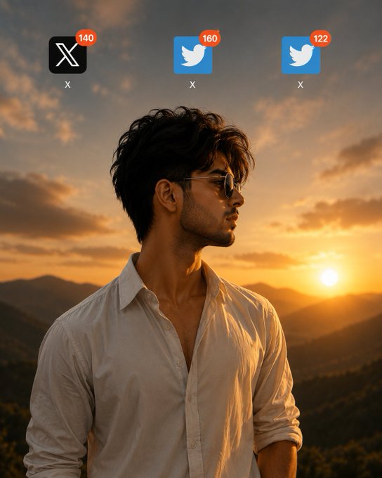 A photo of a young man in a white shirt and sunglasses looking into the distance against a sunset backdrop, with social media notification icons displayed at the top.
