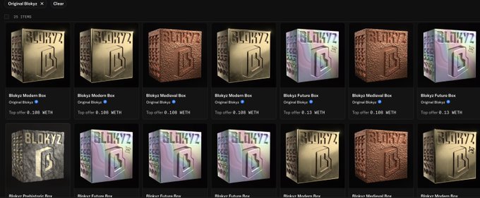 The image shows a collection of 28 "Blokyz" NFT boxes on a marketplace display, featuring various editions (Modern, Medieval, Futuristic, Futuron, Protolastic) with different rarities (Bloxyz Modern Box, Bloxyz Futuron Box, etc.) priced in METH cryptocurrency, with top offers ranging from 0.13 to 2.00 METH. The accompanying post expresses frustration about unsuccessful minting attempts across multiple stages, and the image visually supports this by showcasing the different stages/editions the user failed to obtain rare versions of.