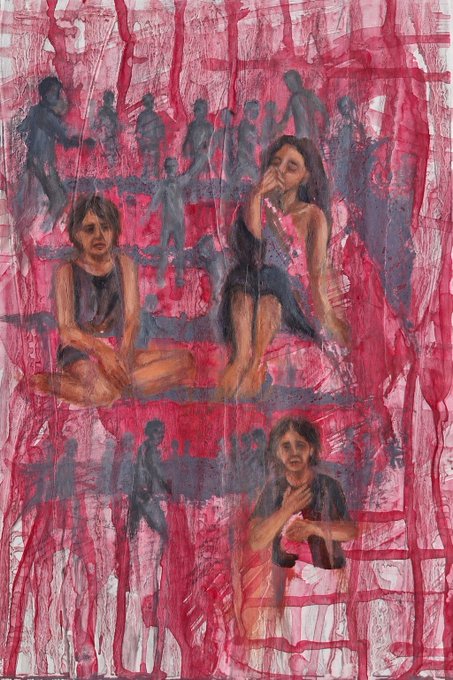 A mixed-media painting featuring three seated female figures overlaid with blue silhouettes and dramatic red paint drips running down the entire canvas.