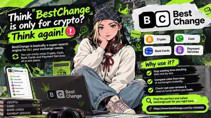 A promotional graphic for 'BestChange' with the headline 'Think "BestChange" is only for crypto? Think again!' features an anime-style girl and lists services like Crypto, Cash, Bank Cards, and Payment Services.