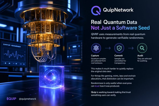 A promotional graphic for QuipNetwork featuring a quantum computer, with text highlighting 'Real Quantum Data Not Just a Software Seed' and explaining how QVRF uses quantum measurements for verifiable randomness through Capture, Commit, and Audit steps, tagged with $QUIP and @quipnetwork.