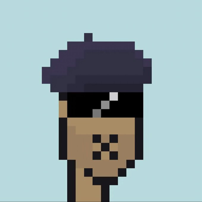 A pixel art portrait of a character with a large afro, sunglasses, and facial piercings, set against a light blue background. The image relates to the post as a stylized depiction of one of the XPUNK NFT characters, fitting the crypto/NFT aesthetic referenced by @XPUNKNFTs.