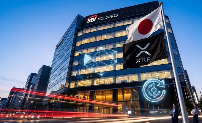 The image features an old financial building with a flag flying from its top. The building has a large glass window, which reflects the surrounding city lights. In front of the building, there are two flags - one representing Japan (a red circle with white inside) and another representing Bitcoin/XRP (a black square with white inside). A person is standing in front of the building, possibly admiring its architecture or waiting for someone else to join them. The image also includes a caption that reads "Focus on what is in the image and how it relates to the post."