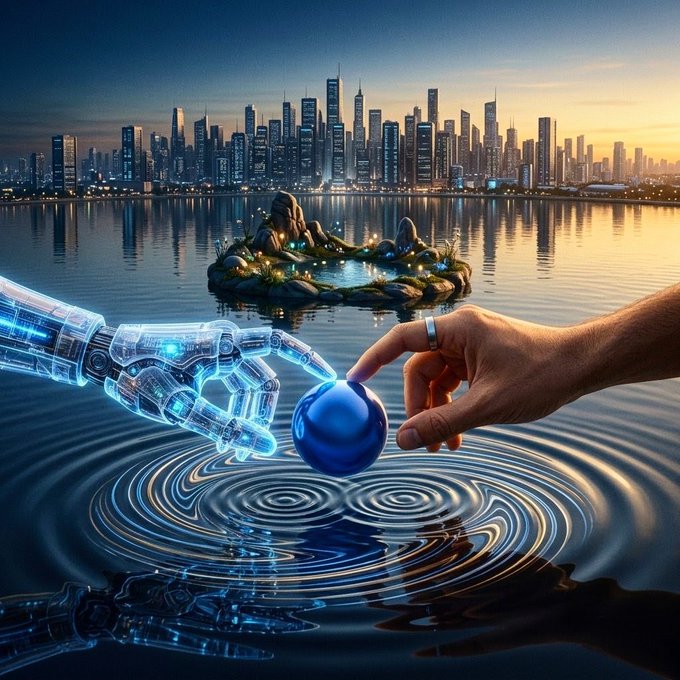 A digital artwork depicting a robotic hand and a human hand both touching a glowing blue sphere on a rippling water surface, with a city skyline in the background.
