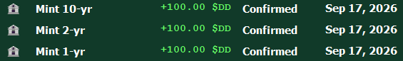 A dark green screen showing three transaction confirmations: 'Mint 10-yr', 'Mint 2-yr', and 'Mint 1-yr', each crediting +100.00 $DD on Sep 17, 2026.