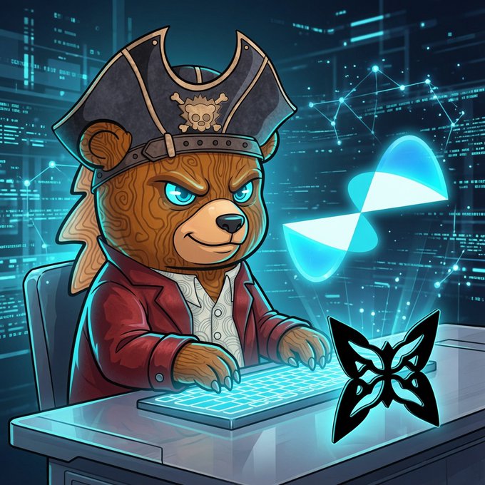 A digital illustration of a wooden pirate bear wearing a tricorn hat and red coat, working on a glowing keyboard at a desk with a blue Ripple (XRP) hologram and a butterfly-shaped emblem floating nearby.