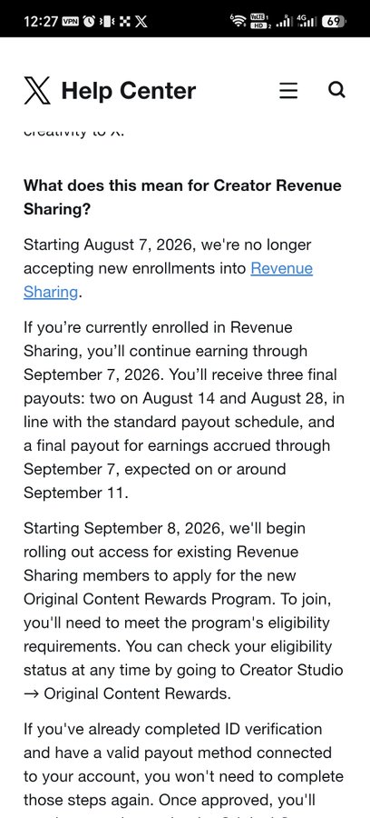 An X Help Center screenshot about Creator Revenue Sharing changes, stating that starting August 7, 2026, they are no longer accepting new enrollments into Revenue Sharing.