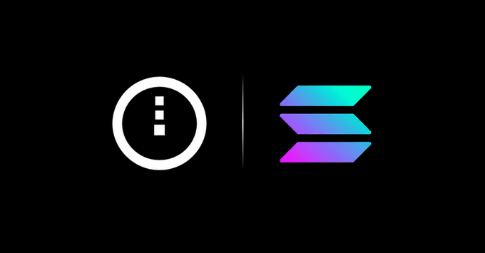 A dark image featuring a white circular logo with an exclamation mark on the left, separated by a vertical line from the Solana logo (a stylized 'S' in green, purple, and blue gradients) on the right.