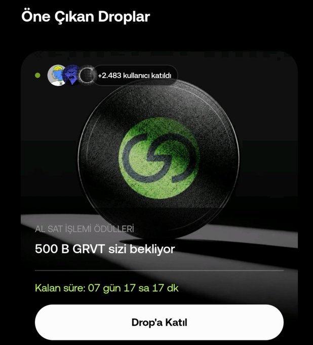 The image shows an OKX TR Drops campaign page for the 2nd GRVT airdrop, featuring a dark soccer ball with the green GRVT logo, indicating "+2,483 users joined," a "500K GRVT" reward pool waiting, and "07 days 17 hr 17 min" remaining to join via the "Drop'a Katıl" button.