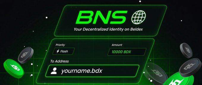 A promotional graphic for 'BNS - Your Decentralized Identity on Beldex' featuring a transaction form with Priority: Flash, Amount: 10000 BDX, and To Address: yourname.bdx, surrounded by floating BDX coins.