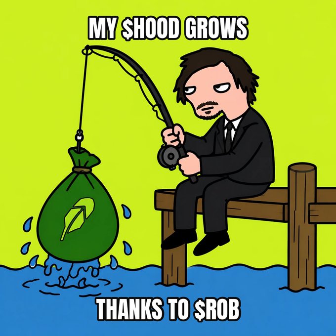 A cartoon meme depicts a disheveled man in a black suit fishing with text reading 'MY $HOOD GROWS' above and 'THANKS TO $ROB' below, with a green money bag hooked on his line.
