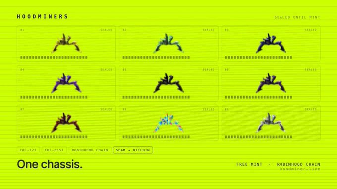 Bright yellow-green NFT minting page for 'Hoodminers' displaying 9 sealed chassis slots with the tagline 'One chassis.'