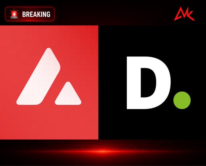 A 'BREAKING' news-style graphic displaying the Avalanche (AVAX) logo next to the Dogecoin (D.) logo.