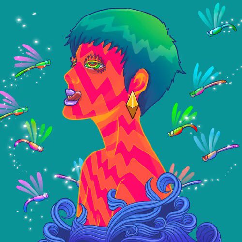 A vibrant digital illustration of a woman with short teal hair and colorful skin patterns, surrounded by stylized dragonflies on a teal background.