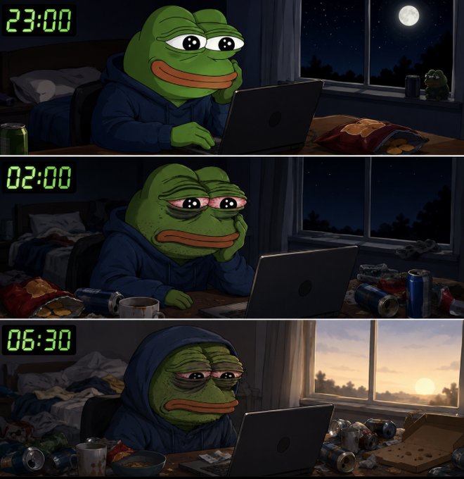 A three-panel meme showing Pepe the Frog at a laptop, progressing from 23:00 (alert and energetic), to 02:00 (tired with red eyes), to 06:30 (exhausted with dark eye bags), surrounded by increasing clutter.