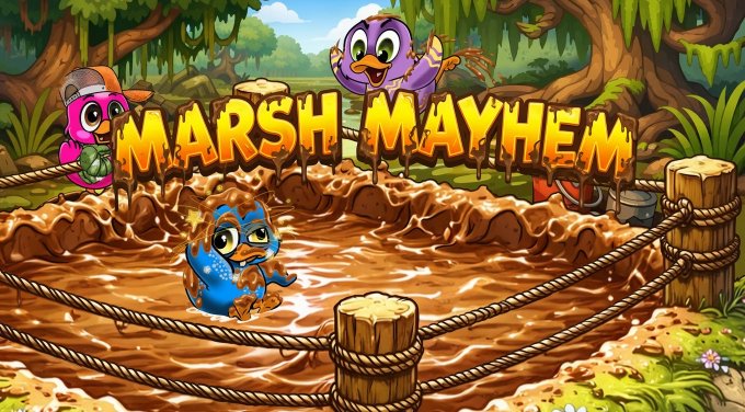 A purple bird with an orange cap, a purple duck, and a mud-covered blue creature are shown around a wooden "MARSH MAYHEM" sign above a mud-filled boxing ring, matching the announced Discord "Rumble Royale" event where characters battle in the swamp for 5,000 Yuckcoins and 2 Arrest Warrants.