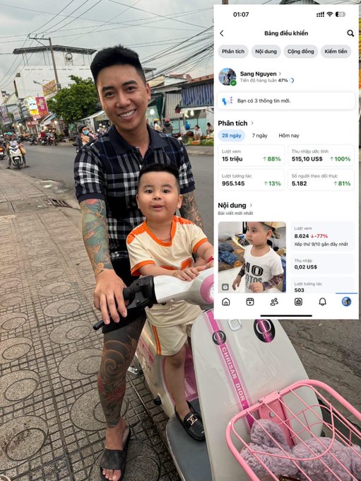 A smiling man with tattoos holds a young child on a pink scooter on a street, with a TikTok analytics dashboard in Vietnamese overlaid on the right side showing 'Bảng điều khiển' and metrics like '15 triệu' views.