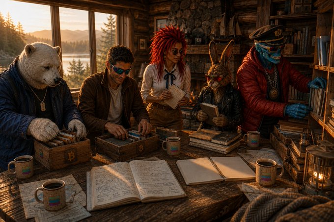 The user wants a concise 1-2 sentence caption describing the image.
I need to look for key text, numbers, tickers, or names visible in the image.

**Image Analysis:**
- **Setting:** A rustic wooden room, possibly a cabin or study, with large windows showing a lake and mountains at sunset/sunrise.
- **Characters:** Five anthropomorphic animals/characters sitting around a large wooden table.
    1.  **Bear:** Wearing a blue jacket, looking at a wooden box filled with what looks like gold bars or coins. The box has a "B" symbol on it.
    2.  **Human Man:** Wearing sunglasses and a brown jacket, looking at a similar wooden box.
    3.  **Red-haired Woman:** Wearing sunglasses and a white shirt/blazer, holding a notebook.
    4.  **Rabbit:** Wearing sunglasses and a leather jacket, holding a