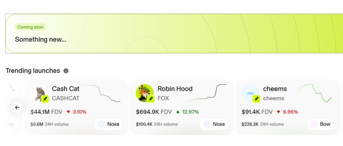 A screenshot from a crypto launchpad platform shows a "Coming soon" section teasing "Something new..." above a "Trending launches" panel featuring three memecoins: Cash Cat (CASHCAT) at $44.1M FDV with a 3.10% dip, Robin Hood (FOX) at $694.9K FDV up 12.97%, and cheems (cheems) at $91.4K FDV down 6.96%. The image illustrates the post's point about the proliferation of launchpad memecoin projects, with multiple new tokens and a teased upcoming launch shown side by side.
