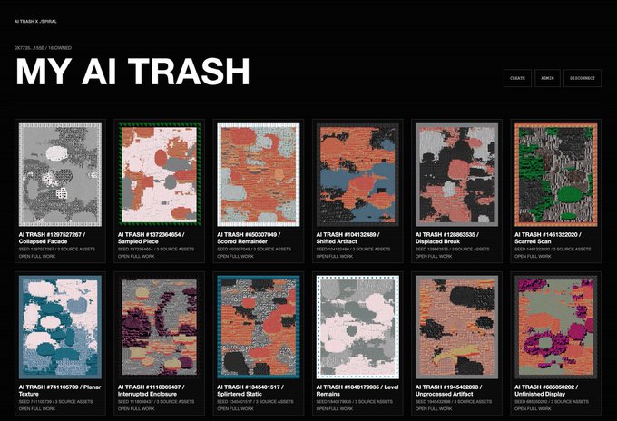 A webpage titled 'MY AI TRASH' displaying a grid of AI-generated digital artworks with titles like 'Collapsed Facade', 'Sampled Pieces', and 'Scorched Remainder', each marked as 'OPEN FULL WORK'.