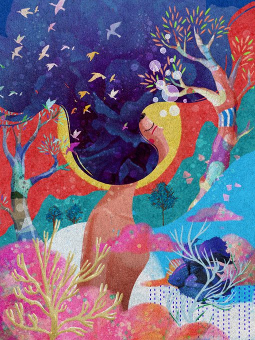 A colorful, whimsical illustration of a woman with a yellow head merging into a dark blue cloud filled with birds and stars, surrounded by stylized trees, coral, and water.