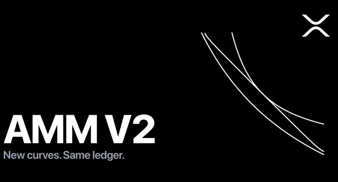 The image shows a black background with white text that reads "AMM V2" at the top, followed by an explanation about new curves and same ledger. The text also mentions that this update is not a pump button but rather the most critical foundation for the price to rise organically, permanently, and massively in the future.