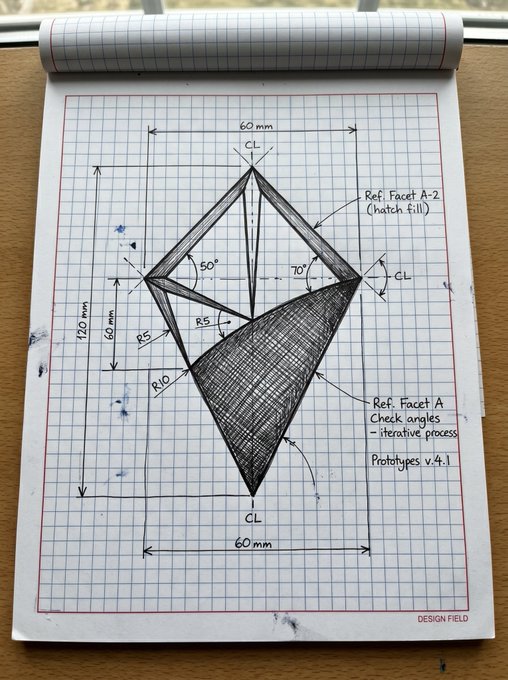Hand-drawn engineering sketch on grid paper of a kite-shaped mechanical part with dimensions (60mm, 120mm, R5, R10) and angles (50°, 70°), labeled "Ref. Facet A" with notes "Check angles - iterative process" and "Prototypes v4.1".
