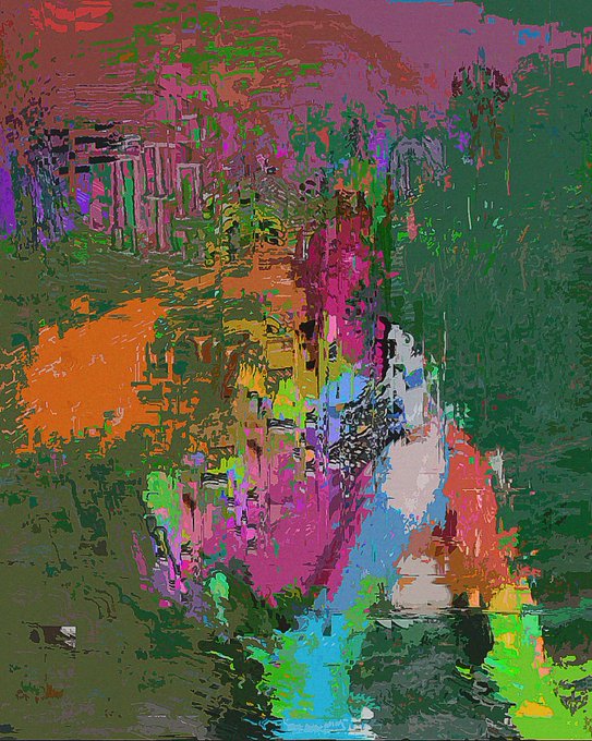 An abstract, glitchy digital artwork featuring chaotic brushstrokes and pixelated distortions in vibrant greens, pinks, oranges, blues, and reds.