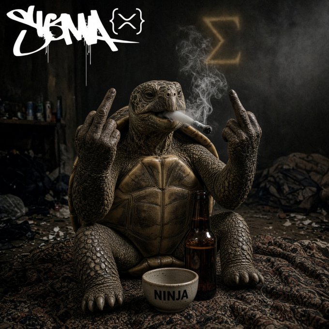 Digital artwork showing a realistic anthropomorphic turtle smoking a cigar and giving middle fingers, with 'NINJA' written on a bowl, a beer bottle nearby, and graffiti reading 'SIGMA' and a sigma symbol in the background.
