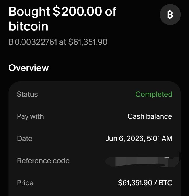 The image shows a text message showing that someone has bought $200 worth of Bitcoin. The date on the message is June 6, 2026 at 5:01 am local time.