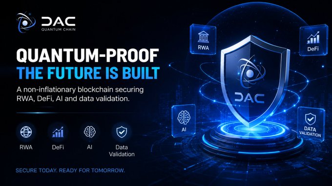 A promotional graphic for 'QAC QUANTUM CHAIN' with the tagline 'QUANTUM-PROOF THE FUTURE IS BUILT', describing it as a non-inflationary blockchain securing RWA, DeFi, AI, and data validation.