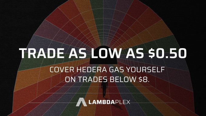 An advertisement for 'LAMBDA PLEX' with text reading 'TRADE AS LOW AS $0.50' and 'COVER HEDERA GAS YOURSELF ON TRADES BELOW $8', displayed over a colorful radial pattern with a silhouetted figure walking toward the center.