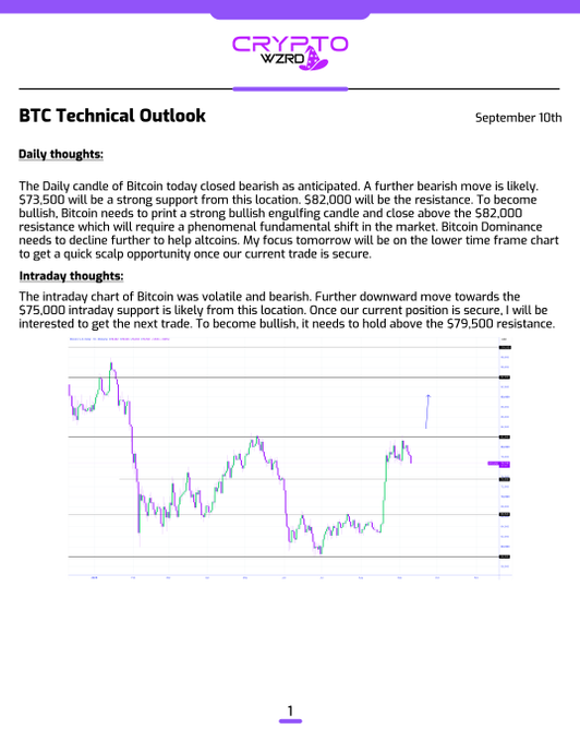 A BTC Technical Outlook document from Crypto Wzrd dated September 10th discusses bearish Bitcoin price action, noting $73,500 as support and $82,000 as resistance, with a candlestick chart below the analysis.