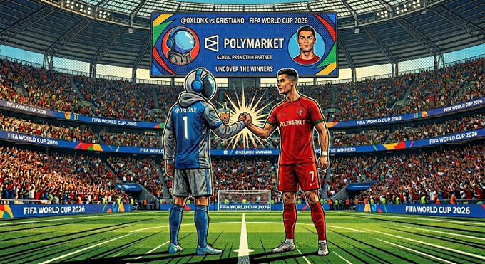 The image features two soccer players shaking hands over a soccer field during an event. One player wears a blue jersey with the number 1, while the other sports a red jersey with the number 7. The background of the image shows a stadium filled with fans, indicating that this is likely taking place at the World Cup. The post suggests that there might be a connection between Cristiano and Polymarket or vice versa for the upcoming event in 2006.