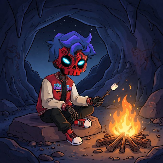 A skeletal figure with glowing blue eyes and purple hair sits cross-legged in a dark cave, roasting a marshmallow over a campfire while wearing a red varsity jacket. The hoodie text appears to read "HOT" and "COLD" in stylized graffiti-style lettering, complementing the cozy late-night "GM" crypto community vibe of the post.