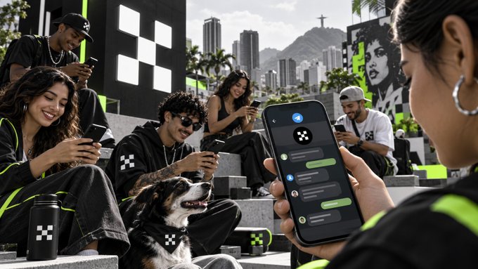 A promotional image showing a group of young people with a dog on steps, with one person holding a phone displaying a chat interface branded with a checkered logo.
