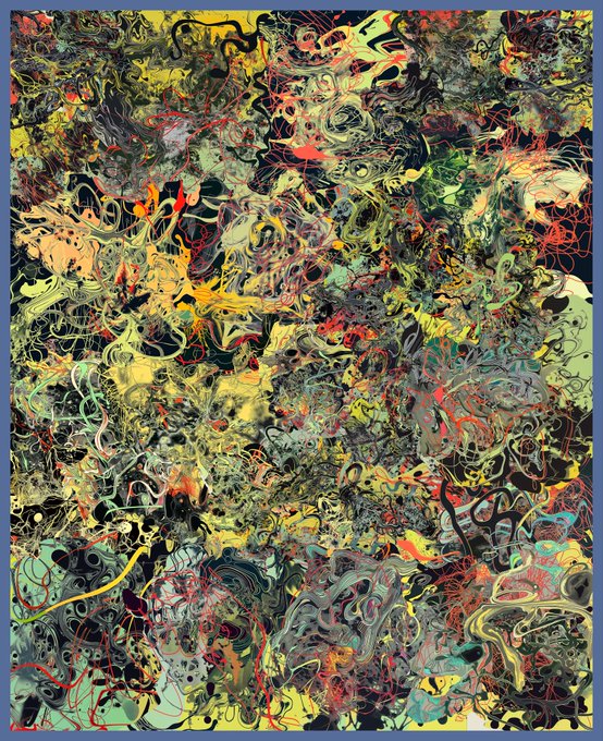 A chaotic, densely layered abstract digital artwork featuring swirling organic forms, intricate linework, and a vibrant palette of yellows, greens, reds, and muted earth tones fills the canvas. The frenetic, all-over composition evokes a sense of overwhelming complexity that mirrors the cryptic, contemplative message about hiding and reflecting on one's actions.