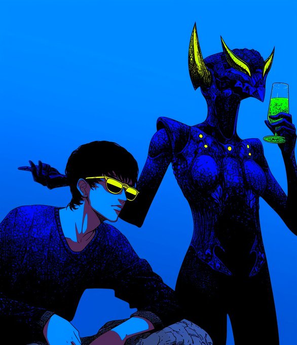 The image features a man wearing sunglasses, sitting next to another person who has a glass of wine. They are both dressed in black clothing with yellow accents. The background appears to be blue, which complements their attire. The caption on the image reads "Gm ct Happy Sunday fams Home or church $RIVER". This suggests that they might have been attending a social event or gathering at someone's home where they were served wine and engaged in conversation with others who shared similar interests.

The man is sitting down, while the woman standing next to him holds a glass of wine. The overall atmosphere seems relaxed and casual as they enjoy each other's company.