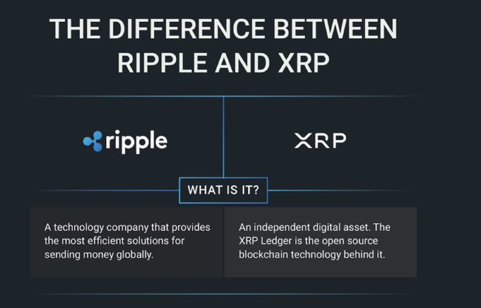 An infographic explaining "THE DIFFERENCE BETWEEN RIPPLE AND XRP." Ripple is defined as "A technology company that provides the most efficient solutions for sending money globally," while XRP is "An independent digital asset. The XRP Ledger is the open source blockchain technology behind it."
