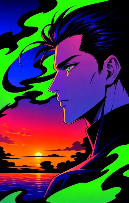 A vibrant anime-style illustration of a dark-haired male character in profile against a neon green, pink, and orange sunset backdrop.