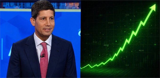 The image shows a man in a dark suit with a red tie on the left, and on the right is a green upward-trending chart with an arrow on a grid background, symbolizing rising stock or crypto prices—aligning with the post's claim about market growth and the $XRP reference.