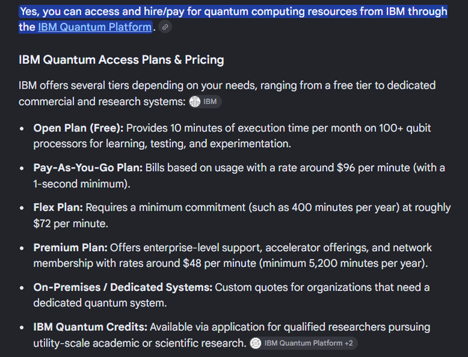 **Caption:** An IBM Quantum Platform pricing breakdown listing plans such as "Open Plan (Free)" with 10 monthly minutes, "Pay-As-You-Go" at ~$96/minute, "Flex Plan" at ~$72/minute, "Premium Plan" at ~$48/minute, and On-Premises options — shared to underscore that real, paid quantum computing resources exist, lending credibility to the $qLab (mcap 150k) project.