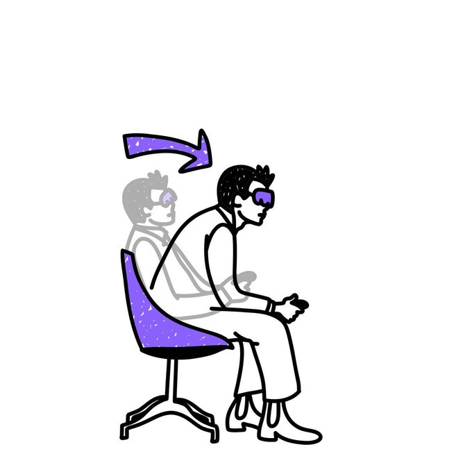 A simple line drawing of a person wearing sunglasses sitting in a purple chair while playing a video game, with a faded reflection showing them turning their head back.