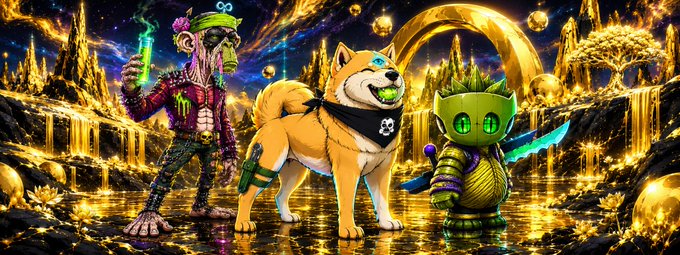A vibrant, psychedelic digital artwork featuring three characters—a zombie-like figure with a green bandana holding a glowing flask, a Shiba Inu dog with a skull bandana holding a gold sphere, and a small green cactus-like creature with a sword—standing in a surreal golden landscape.