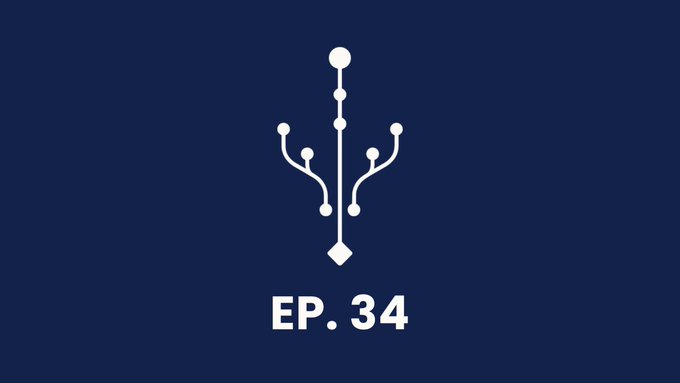 A dark blue title card displays a white circuit-like logo with a diamond shape and the text 'EP. 34' beneath it.