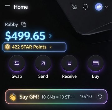 A screenshot of a crypto wallet home screen showing a balance of $499.65 with 422 STAR Points, featuring the "Say GM!" daily check-in and quick action buttons for Swap, Send, Receive, and Buy—reflecting the user's Startale airdrop rewards and Visa Card Waitlist participation.