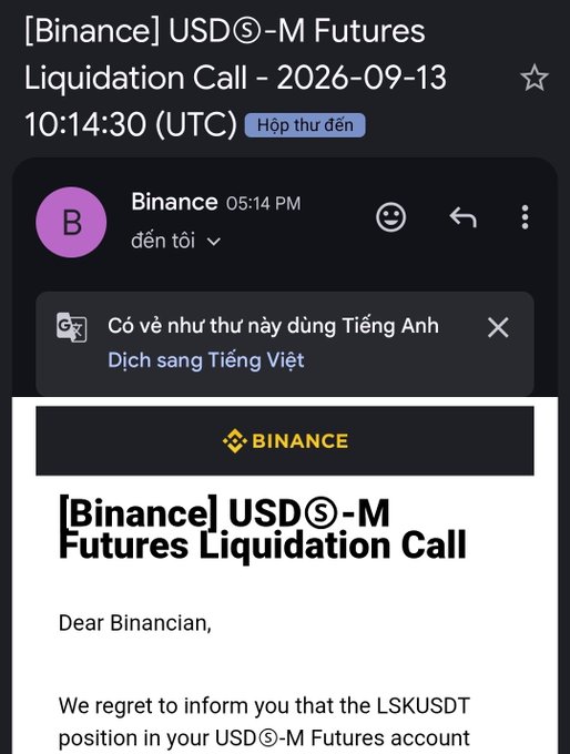 An email screenshot titled '[Binance] USDⓈ-M Futures Liquidation Call - 2026-09-13 10:14:30 (UTC)' informing a 'Dear Biancian' that their LSKUSDT position has been liquidated.
