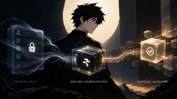An anime-style illustration depicting a character connecting 'PRIVATE DATA' to 'SECURE COMPUTATION' and 'VERIFIED OUTCOME' through glowing holographic chains and cubes.
